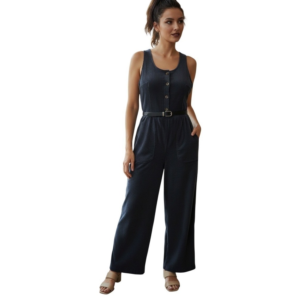Leia & Co Charcoal Corduroy Wide Leg Jumpsuit M NWT Minimalist Chic Button Front
